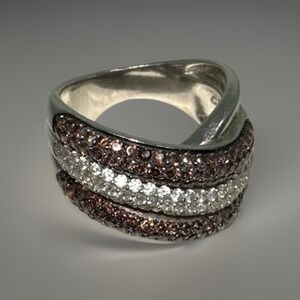 Sterling Silver SC 925 Crossover Pavé Ring w/ Chocolate & White Diamonds – Sz 6